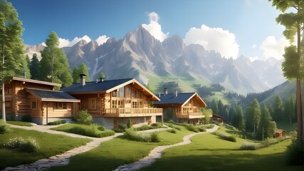 Fototapeta na wymiar A photorealistic depiction of eco wooden houses/cabins nestled in the mountain Alps during summer, showcasing a serene landscape ideal for relaxation and vacation.