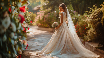 bride in white dress in the park