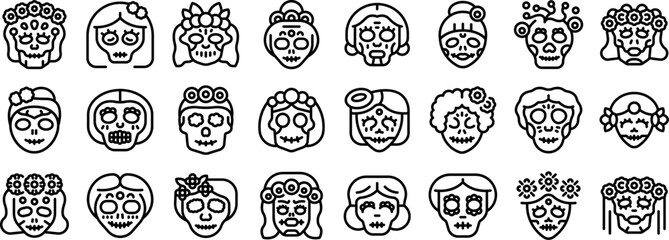 Mexican female skull icons set outline vector. Dead lady. Mexican holiday