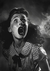 Black and white vintage-style portrait of a woman in terror, with a dramatic expression of fear - obrazy, fototapety, plakaty