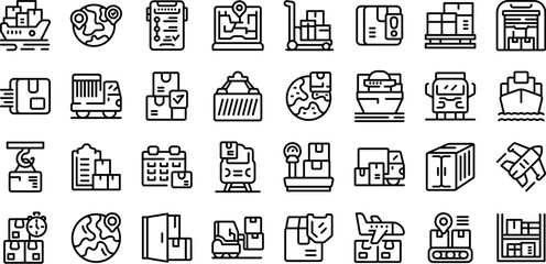 Airplane transport logistics icons set outline vector. Delivery distribution. Supply chain
