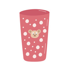 Kids tableware with bear head. Childrens pink polka cup glass and bear head on white background. Vector flat illustration