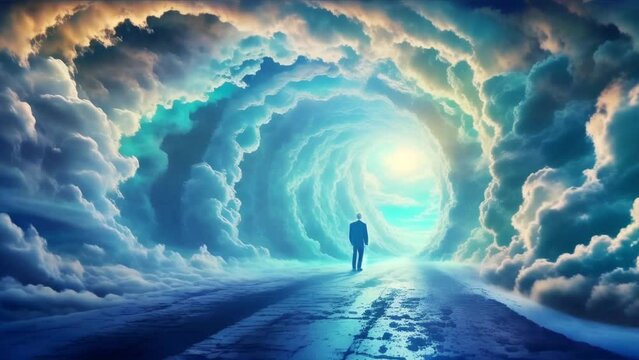 man walking through a cloud tunnel