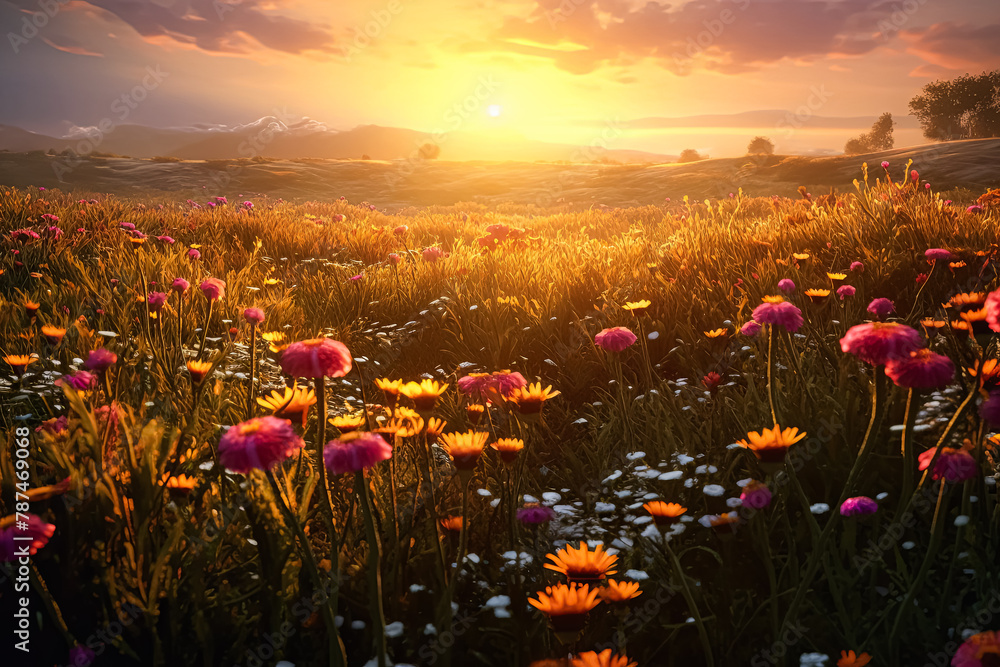 Poster a field of flowers with a single red flower in the middle.