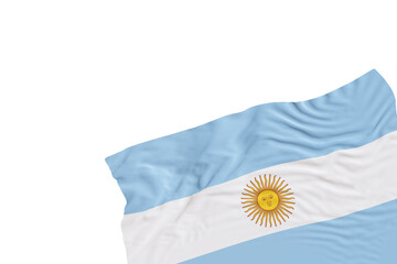 Realistic flag of Argentina with folds, on transparent background. Footer, corner design element. Cut out. Perfect for patriotic themes or national event promotions. Empty, copy space. 3D render.