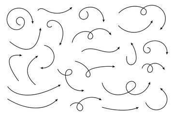 Collection of line arrows. Set simple curved hand drawn arrows. Collection of pointers.