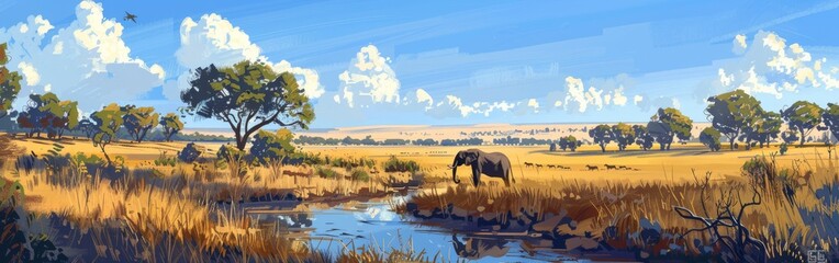 A painting of a savanna with a large elephant walking through the grass