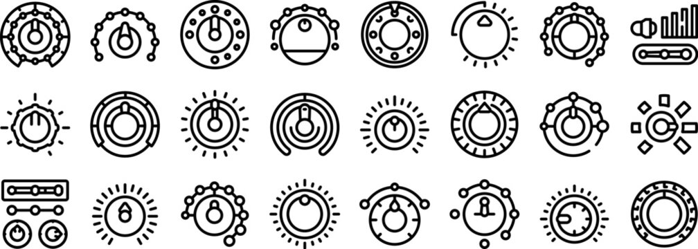 Volume control knobs icons set outline vector. Sound level. Audio tuner
