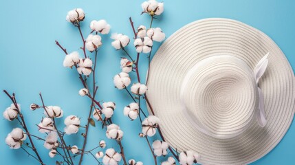 White hat and cotton sprigs on a blue backdrop a trendy headpiece
