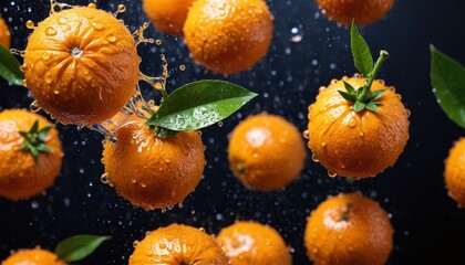 Fresh and juicy oranges with leaves and water droplets. Tasty and sweet citrus fruits. Background of fresh oranges decorated with glittering water drops, top-down view.