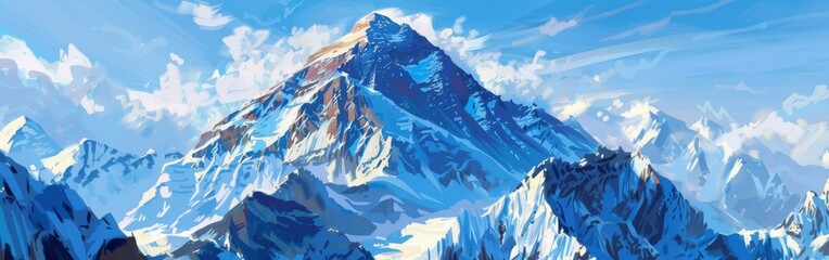 A painting of a mountain range with a large snow covered peak in the middle - Powered by Adobe