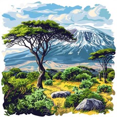 A painting of a mountain range with a tree in the foreground