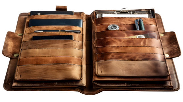 Wallet with multiple currencies isolated on a transparent background, PNG, Ai