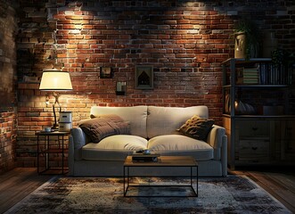Modern interior of a room with a brick wall