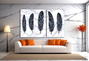 panel wall art, marble background with feather designs , wall decoration 3d illustration created with generative ai.