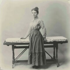 A woman in a long skirt stands in front of a table