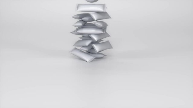 Randomly falling realistic mockups of a flow packs or sachets on white surface. 3d animation slow motion