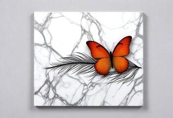 panel wall art, marble background with feather and butterfly silhouette , wall decoration created with generative ai.