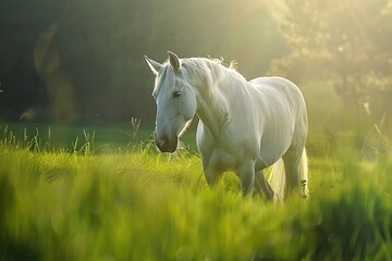 Beautiful white horse on green field - obrazy, fototapety, plakaty