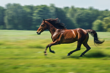 Brown horse run gallop on green field
