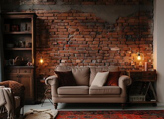 Modern interior of room with brown brick wall