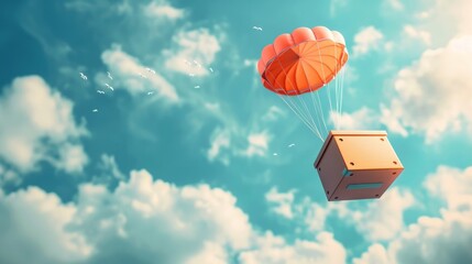 Illustration of a shipping box with a parachute attached, symbolizing speedy and innovative delivery service - obrazy, fototapety, plakaty
