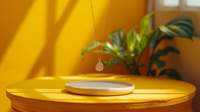 Pendant arranged on yellow backdrop, creating a chic and organized display. AI generate illustration