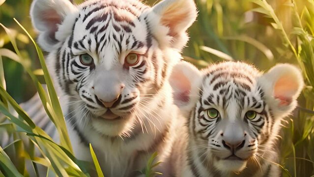 Two Bengal white tiger cubs in tall grass at sunset. Playful Striped young tigers in a natural setting. Concept of endangered species, wildlife protection, nature's innocence, feline beauty. Motion