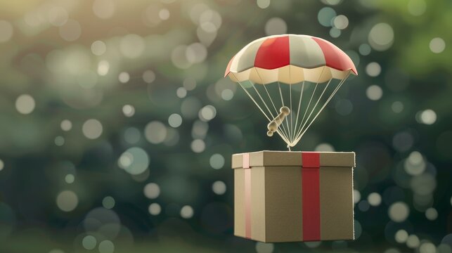 Illustration of a shipping box with a parachute attached, symbolizing speedy and innovative delivery service