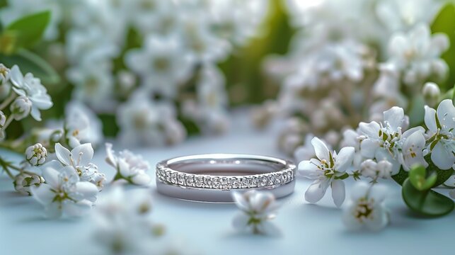 Ring arranged with fresh flowers against, infusing the image with natural beauty. AI generate illustration