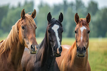 Beautiful three horses on green field