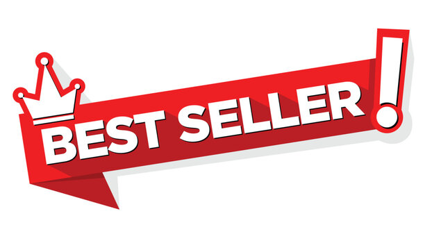 Red advertising sticker Best Seller with crown. Vector on transparent background