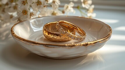Ring on a minimalist jewelry dish. AI generate illustration
