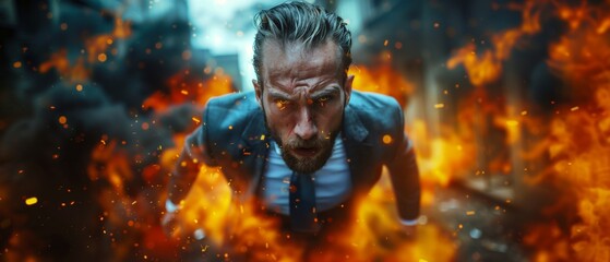 Confident Businessman is determined to solve problems and overcome obstacles in business. Fire and smoke around