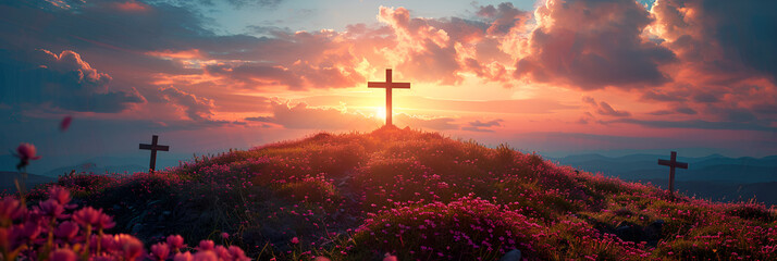 Resurrection of Jesus Christ Concept Silhouette,
Christian cross on hill outdoors at sunrise
