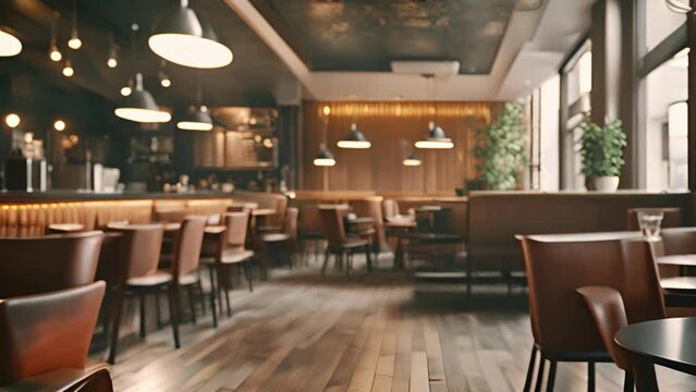 Cozy empty cafe interior with warm lighting and wooden furniture. Inviting coffee shop setting. Modern restaurant design. Concept of hospitality, interior design, comfortable dining. Motion