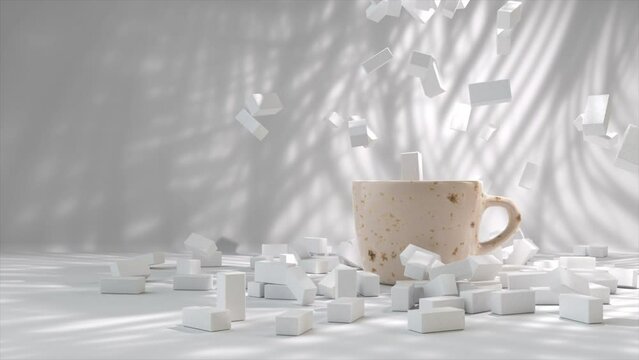 Coffee cup with levitating sugar cubes in 3D render