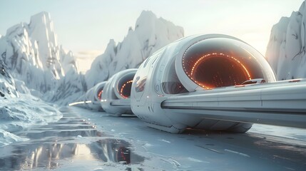 Futuristic Maglev Pods Glide on Icy Terrain. Concept Technology, Transportation, Innovation, Futuristic, Environment
