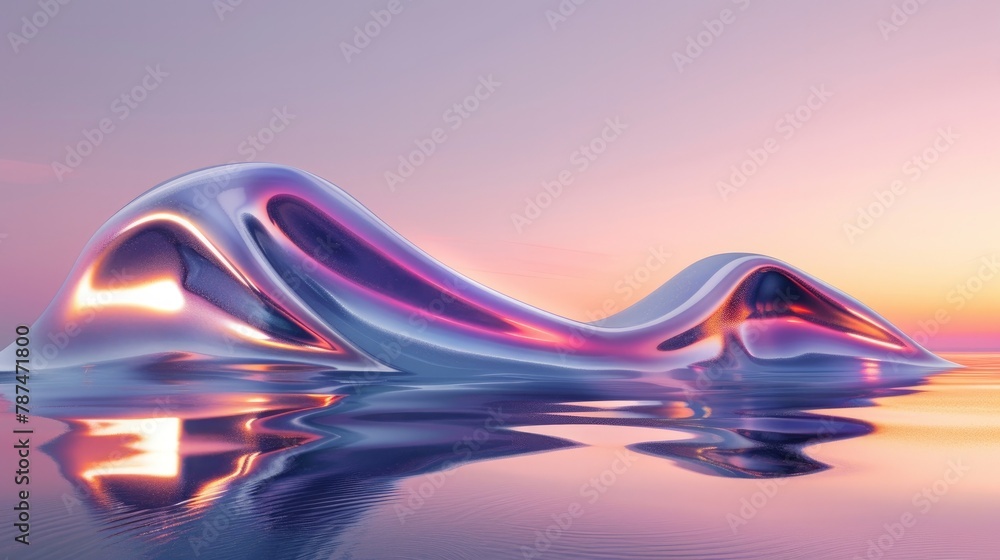 Poster a captivating abstract 3d rendering of a wavy iridescent metallic shape hovering above water