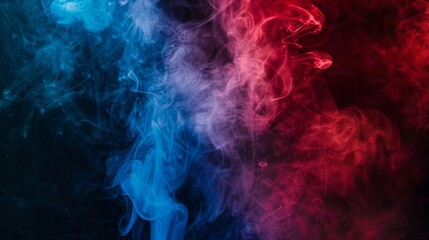 Dramatic artificial smoke illuminated by red and blue lights against a dark background, creating a mysterious ambiance