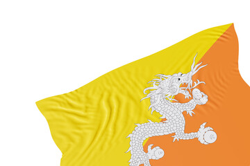 Realistic flag of Bhutan with folds, on transparent background. Footer, corner design element. Cut out. Perfect for patriotic themes or national event promotions. Empty, copy space. 3D render.