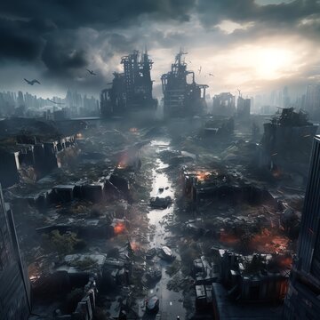 Craft a dystopian cityscape in a birds-eye view portraying harsh leadership principles Utilize CG 3D rendering for a hauntingly immersive VR experience