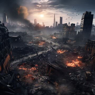 Craft a dystopian cityscape in a birds-eye view portraying harsh leadership principles Utilize CG 3D rendering for a hauntingly immersive VR experience