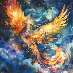 Illustrate a birds-eye view of a majestic Phoenix leading a team, glowing against a dark sky, in vivid watercolors