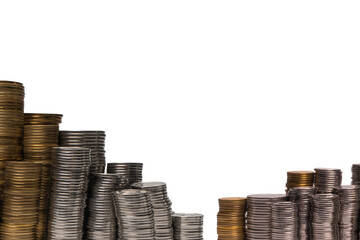 Pile of coins isolated on a white background.