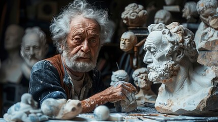An evocative image of a sculptor in their studio, surrounded by works in progress, the tactile nature of their art form vividly captured.