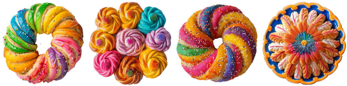 Collection of mexican pan dulce colorful  top view cutout png isolated on white or transparent background