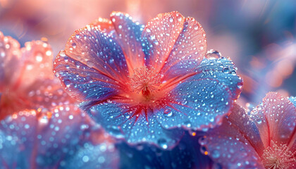 Morning dew pastel flowers. Colorful pink and blue soft colors with sunlight. blurred petals of beautiful pink chrysanthemum flowers covered with sparkling dew (very shallow DOF, selective 