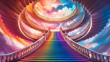 Colorful stairway to heavenly sky scene - obrazy, fototapety, plakaty