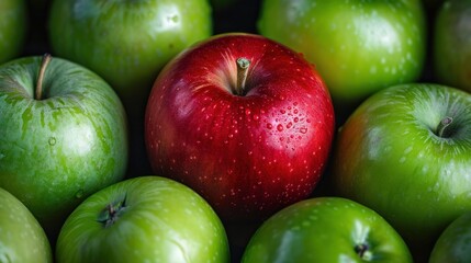 A striking visual metaphor showing a unique red apple standing out among a group of green apples, highlighting individuality and difference